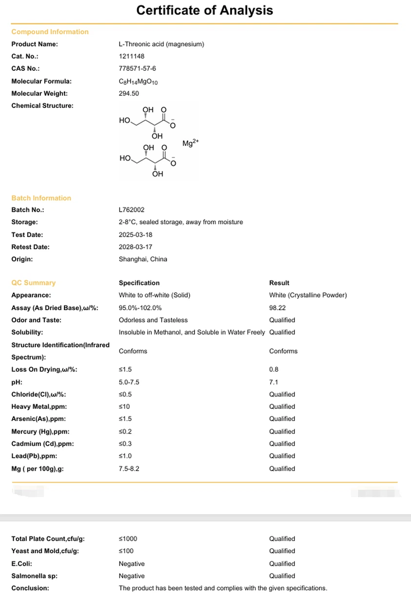 Magnesium L-Threonate COA | Shaanxi BLOOM Tech Co., Ltd Magnesium L-Threonate COA | Shaanxi BLOOM Tech Co., Ltd
